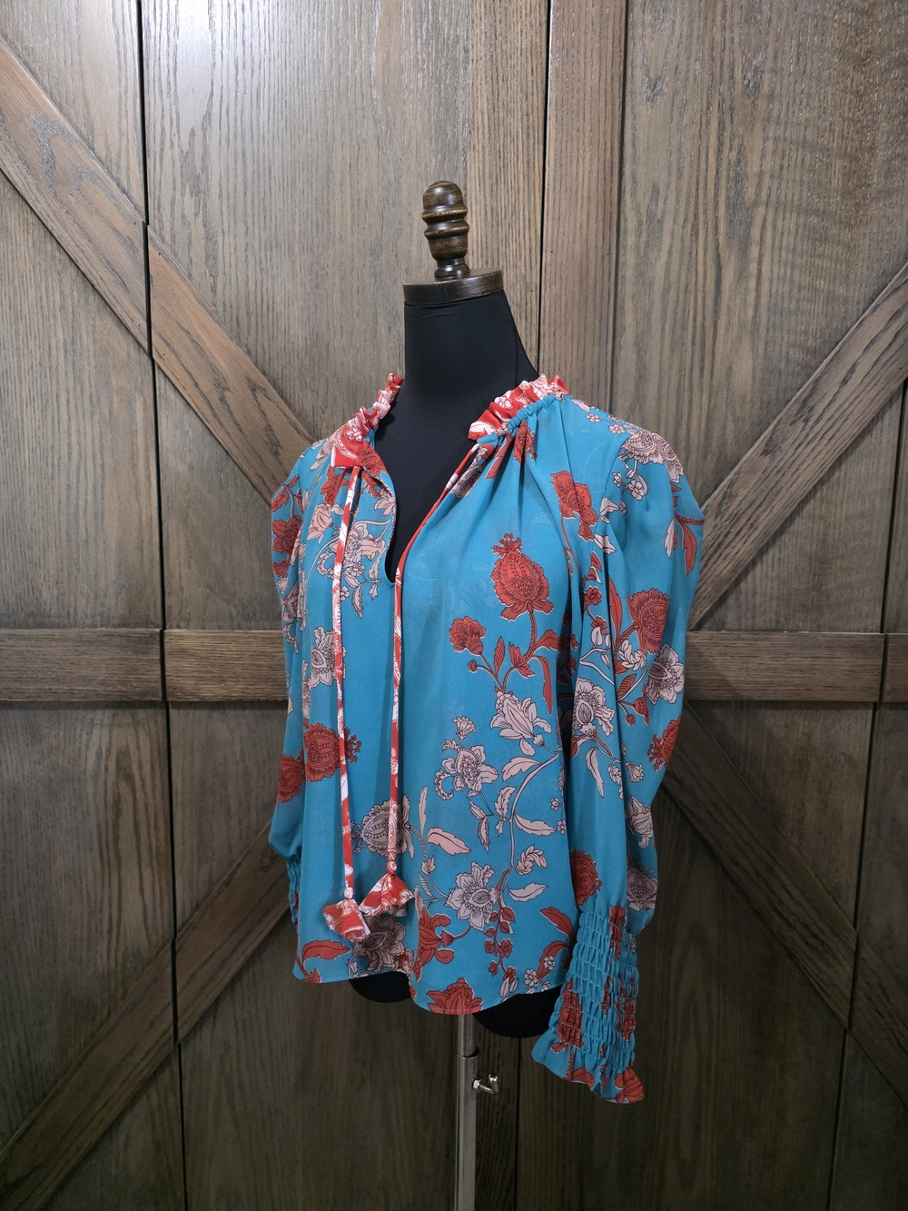 Misa Los Angeles Turquoise Floral Tie-Neck Blouse